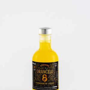 Glass bottle of orange liqueur with a black ornate label reading 'Orancelo 8' and 'Pomarančni liker' against a white background, front view