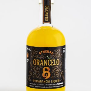Bottle of Orangolo orange liqueur with a black ornate label and bright orange liquid.