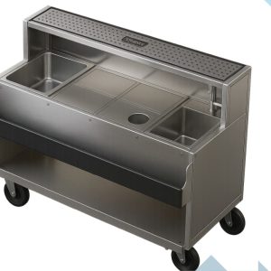 Stainless steel mobile prep cart with two sinks, drainage area, and caster wheels for easy transport